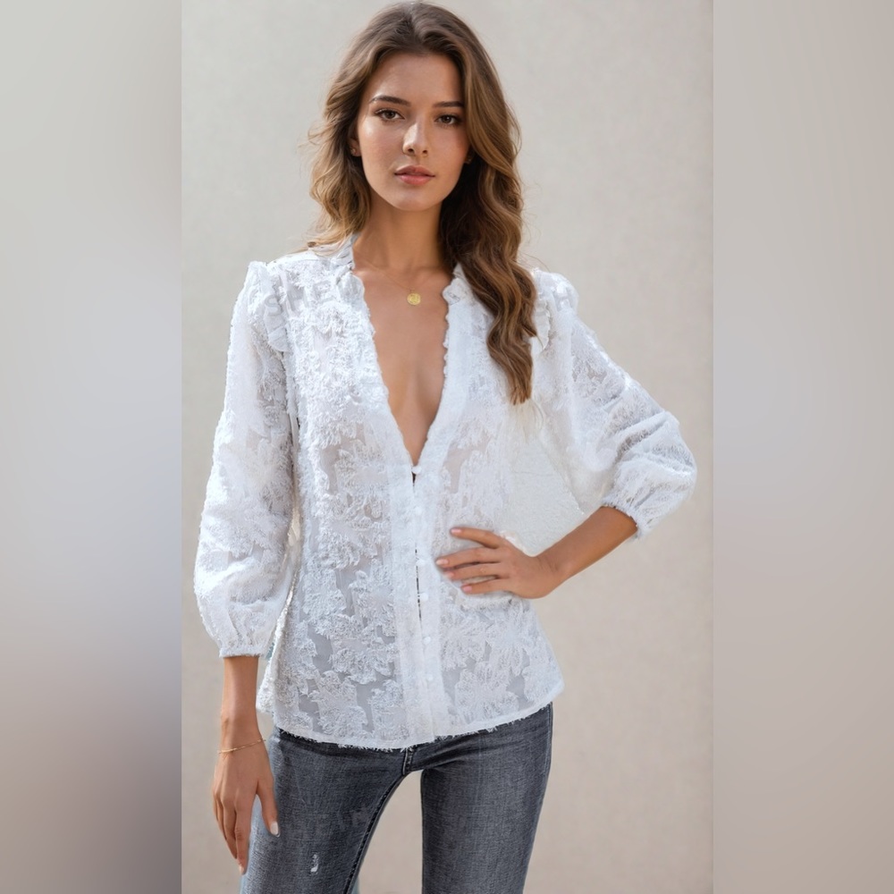 Fuzzy Notched Neck Bishop Sleeve Blouse - Picture 1 of 7